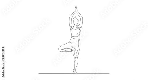 yoga tree pose line drawing of a woman in athletic wear demonstrating balance and mindfulness perfect for health wellness and fitness content.