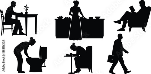 People silhouettes set showing daily life activities, eating at table, cooking in kitchen, reading book, office work, walking with briefcase, bathroom cleaning isolated.