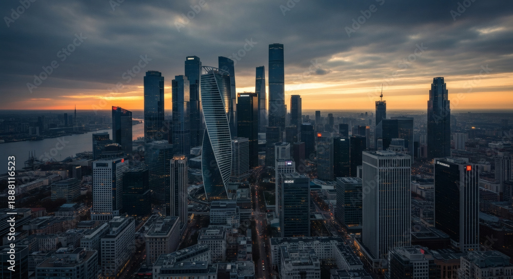 Fototapeta premium Cityscape with Modern Skyscrapers at Sunset.