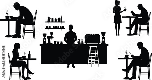 Cafe and bar silhouettes set with waiter and bartender behind counter, customers drinking coffee, reading menu, restaurant service scene, black figures isolated.