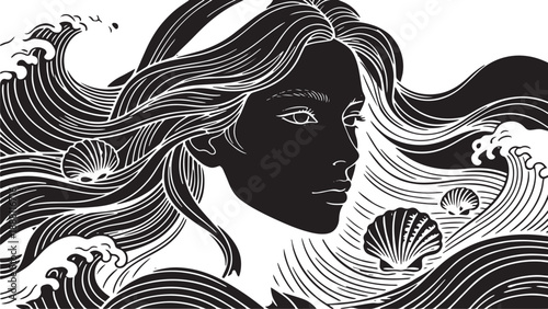 Stylized Black and White Illustration of a Sea Goddess with Hair Flowing into Ocean Waves