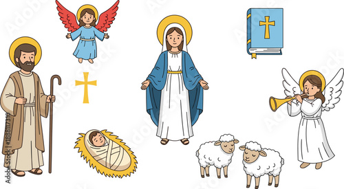 Christmas nativity illustration set with Mary, Joseph, baby Jesus, angels, sheep, cross, and Bible, cute Christian holiday characters isolated on white.