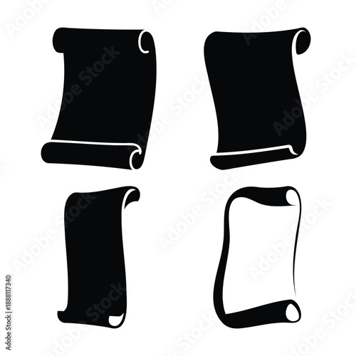 A collection of black silhouette scrolls and paper banners with elegant curled edges