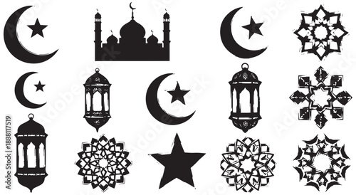 Discover a beautiful collection of Islamic cultural and religious symbols showcasing crescent moons stars mosques lanterns and intricate geometric designs