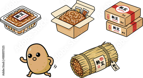 Traditional Fermented Soybeans and Natto Packaging Illustration Set