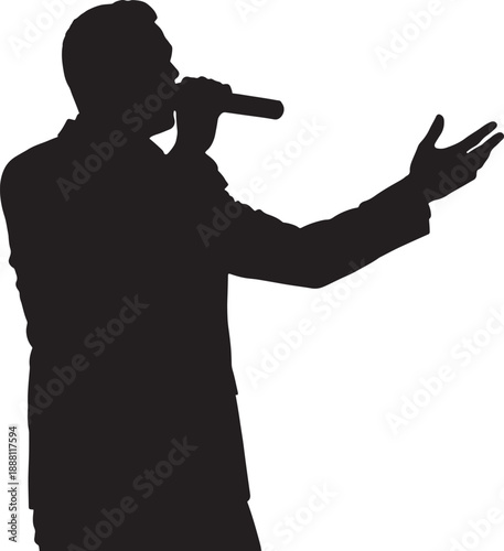 Silhouette of a person holding a microphone with arms outstretched also transparent background black