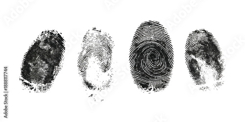 Set of four distinct fingerprint marks in black ink on white background