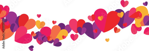 A colorful illustration of various sized hearts in shades of pink, purple, and orange on a white background.