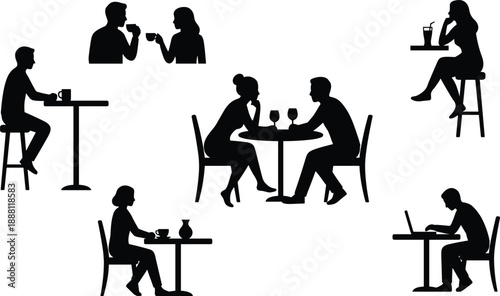 People sitting in café silhouettes set, men and women drinking coffee, talking on date, working on laptop, bar stool scenes, black figures isolated.