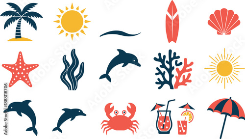 Beach with sea creatures and tropical symbols ocean palm tree