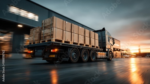 Large cargo truck loading at industrial facility during sunset
