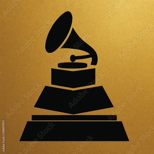 Grammy-style award trophy silhouette, elegant black & gold theme
