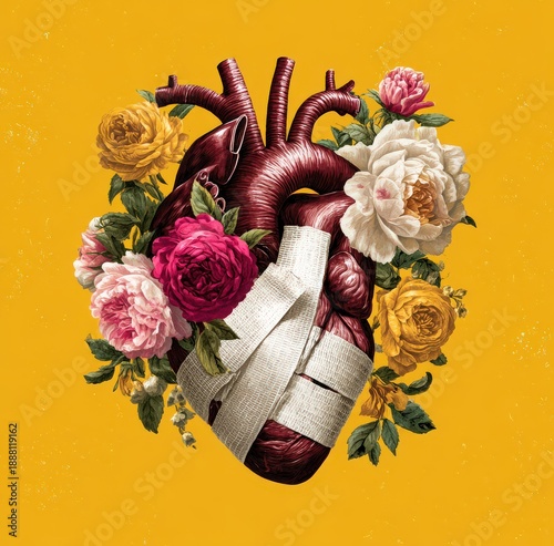Healing heart adorned with vibrant flowers and gentle bandages on a bright yellow backdrop