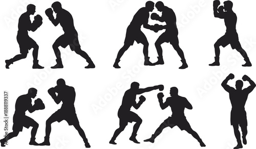 Boxing silhouette illustration, black figures in combat and victory poses, white background, athletic motion and sports action theme