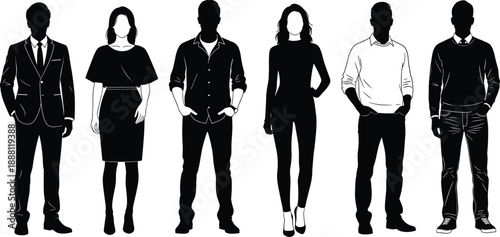 Black and white silhouettes of six people in business casual clothing faceless