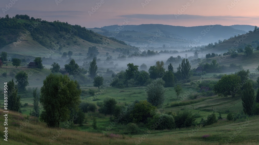 Fototapeta premium Rolling green hills and valleys are blanketed by thick morning mist at sunrise