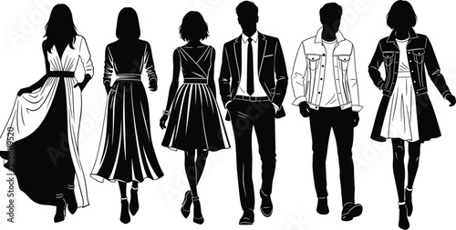 Black and white silhouettes of six people in various outfits fashion clothing