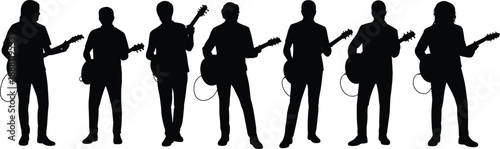 Electric guitar silhouette illustration, black figures in front-facing poses, white background, musical stance and band identity theme