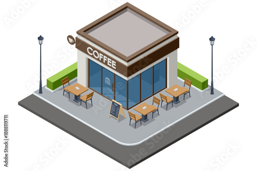 Street coffee shop corner. Isometric street coffee shop with outdoor table and signboard. Urban cafe building for city lifestyle, restaurant exterior and hospitality illustration in isometric style