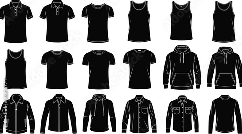 Black clothing with white outlines on white background shirts tops hoodies