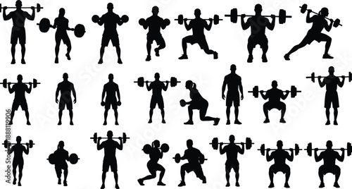Black silhouettes of people lifting weights and exercising people exercising weightlifting