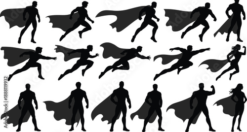 Superhero silhouette illustration, dynamic poses with capes, black figures in action, flying and flexing, white background, heroic theme