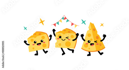 Cheerful cartoon cheese wedges dancing under festive flags and stars for party food and snacks related marketing.
