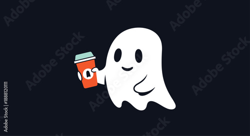 Adorable white ghost character holding a orange coffee cup with a lid on a dark background for halloween concepts.