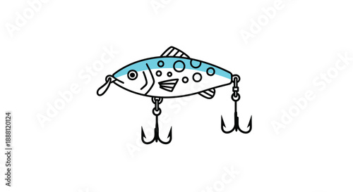 Blue spotted fish shaped fishing lure with treble hooks for outdoor recreational sports and fishing equipment ads.
