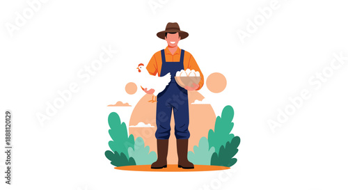 Proud farmer standing in a rural landscape holding a white chicken and a bowl filled with fresh farm eggs.