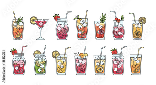 Variety of colorful summer cocktails and mocktails in jars and glasses with ice and fruit for beverage menu designs.