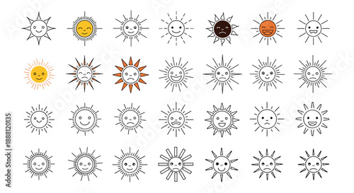 Collection of sun icons with diverse facial expressions and artistic line styles suitable for weather apps and summer designs.