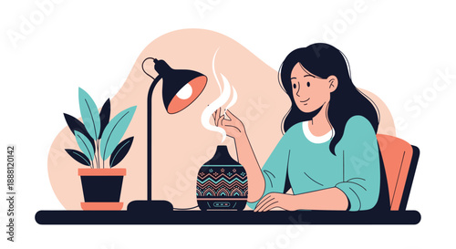 Young woman relaxing at her desk using an essential oil diffuser with a lamp and potted plant for wellness concepts.