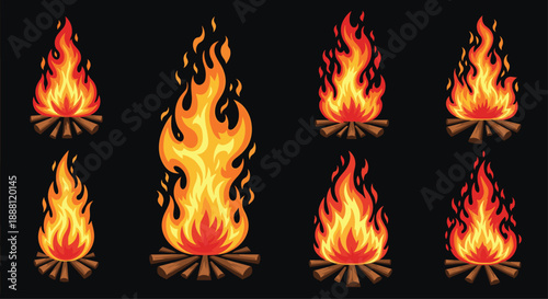 Collection of various campfire and bonfire illustrations with burning wood logs for camping and outdoor activities.