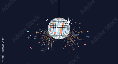 Glitzy disco ball illustration with bright sparkles and light reflections on a dark blue background for party and club themes.