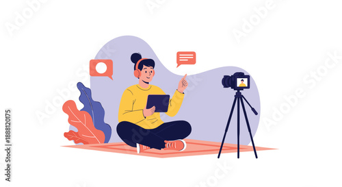 Young female vlogger sitting on a rug and recording a video with a professional camera on a tripod for social media content.