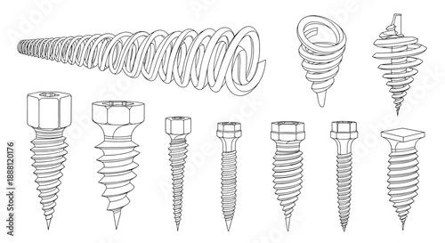 Collection of different screw types and spiral metal springs in black and white line art for industrial and hardware design.
