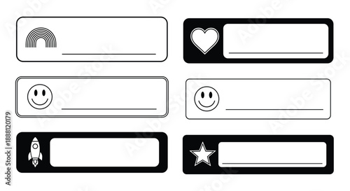 Collection of six black and white labels featuring icons like rainbow, heart, smiley face, rocket, and star for kids organization.