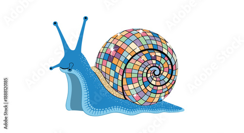 Whimsical blue snail featuring a colorful shimmering disco ball as its shell for a unique and creative character design.
