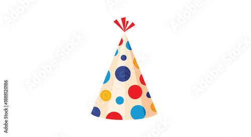 Vibrant party hat decorated with colorful dots and a red tassel on top perfect for birthday celebrations and festive events.