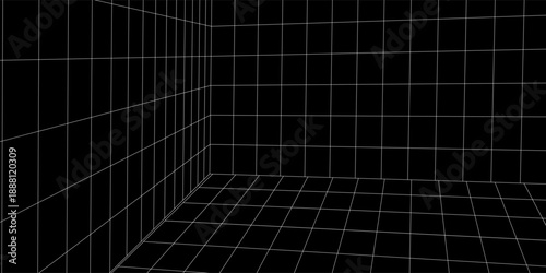 Perspective view in grid room corner. 3 d corner of room in an unusual perspective. Abstract geometric design background