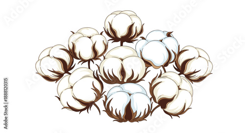 Detailed illustration of a large pile of soft white cotton bolls with brown husks representing natural textile raw material and agriculture.