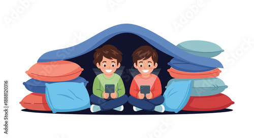 Two young boys sitting comfortably inside a cozy pillow fort at night while engrossed in their tablets with blue light glowing on faces.