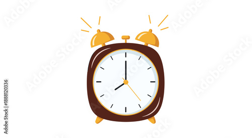 Retro style brown alarm clock with yellow bells ringing at eight o clock isolated on a clean white background for time management concept.