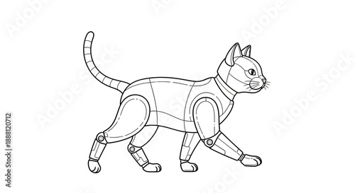 Black and white line art illustration of a robotic cat walking.