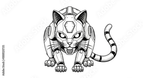 Mechanical cat illustration with robotic features and sharp claws.
