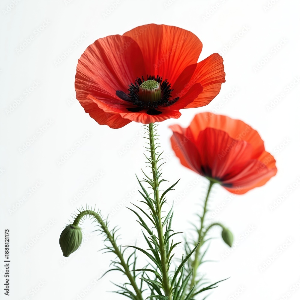 Obraz premium Bright red poppies with delicate petals and green stems grow against a clean white background. One unopened bud adds detail to this vibrant floral composition. Realistic detail shows plant life.