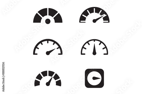 Speed Meter Silhouette Icon Sheet, Performance Gauge and Measurement Dashboard Vector