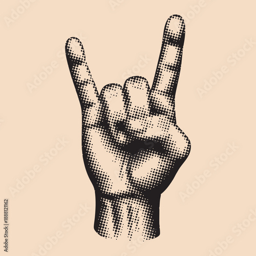 Black Halftone Rock Hand Gesture Illustration on Beige Background Representing Music, Rebel Spirit and Pop Culture