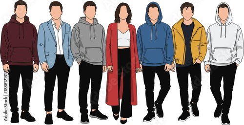 Seven people wearing different colored casual clothing standing in a row hoodies